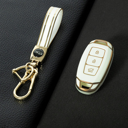 HYA1T1 White-Gold Plating Car Key Cover 3 Buottons TPU Car Key Case Cover Shell Fob Holder for Hyundai Palisade Limited Palisade Elantra Sel Elantra Santa Fe Veloster