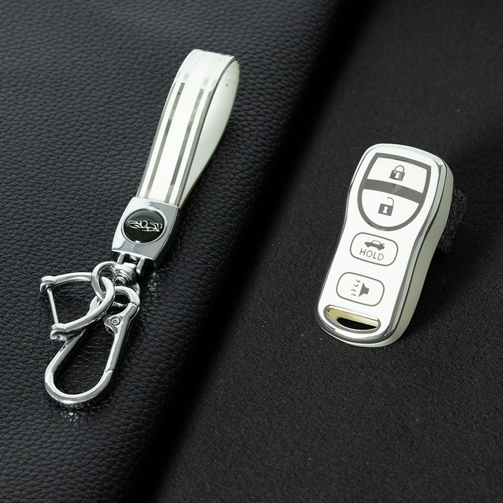 NIJ2T1 White-Silver Plating TPU Car Key Cover for Nissan 350Z Maxima Sentra Armada Titan Kicks Murano