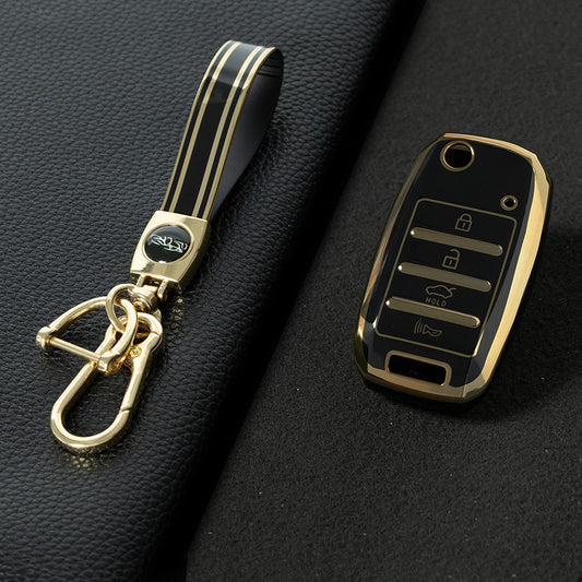 KIE2T1 Black-Gold Plating Golden Line TPU Key Case Cover for Rio 3 K2 Ceed Cerato K3 Sportage 4 Picanto K5 Optima Sorento Forte Stinger 2017 2018
