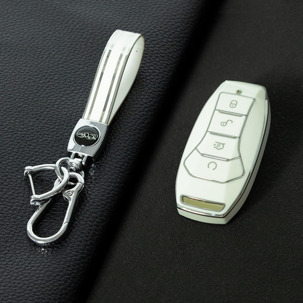 BYA1T1 White-Silver Plating Car Key Cover TPU premium soft car key cover for BYD Song Plus, Qin DMI, Han EV Yuan Pro, Tang ATTO, with 3 key rings and key chain pouch accessories.