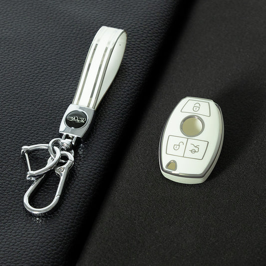 MEC1T1 White-Silver Plating Car Key Cover Premium Soft TPU Car Key Case Cover Shell for Mercedes Benz C260L C200L A180L GLC260 GLA E300l CLASS Key Rings Keychain Bag