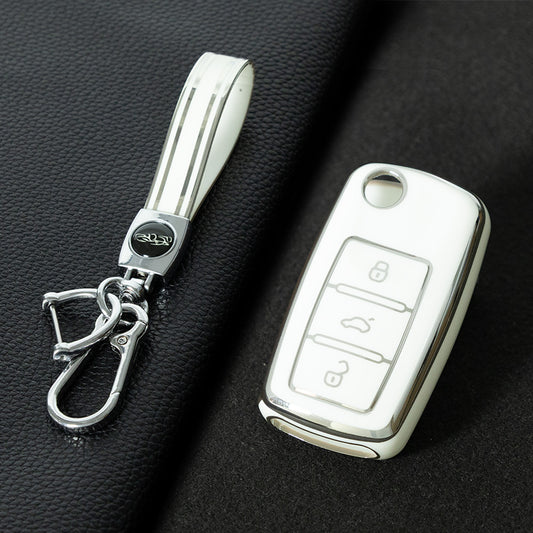 VOB1T1 White-Silver Plating Car Key Cover For Volkswagen Sagitar PASSAT CC Polo Skoda Key Rings Keychain