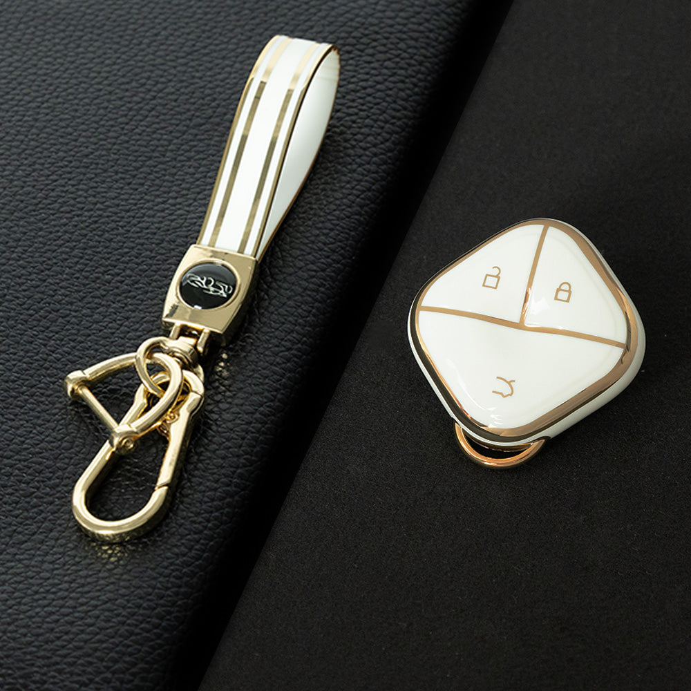 WUG2T1 White-Gold Plating Car Key Cover Soft TPU Car Key Case Cover Shell Sleeve for SGMW WULING Airev Baojun KiWiEV Bingguo SUNSHINE MINI EV Key Rings Keychain Bag