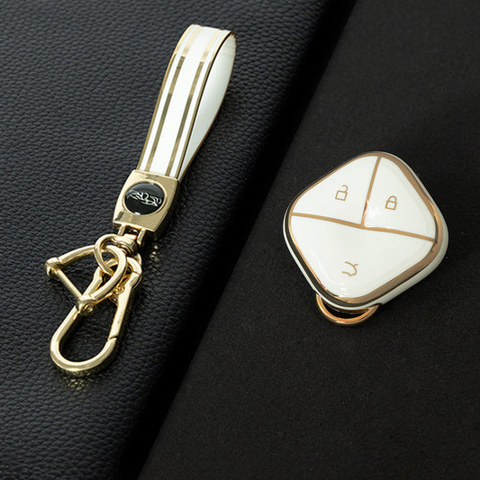 WUG2T1 White-Gold Plating Car Key Cover Soft TPU Car Key Case Cover Shell Sleeve for SGMW WULING Airev Baojun KiWiEV Bingguo SUNSHINE MINI EV Key Rings Keychain Bag