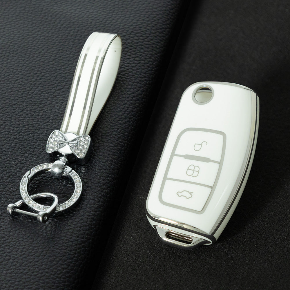 FOE1T1 White-Silver Plating Car Key Cover TPU Car Key Case Cover for Ford Fusion Mondeo Mustang F150 F250 F350 Explorer Edge 2015 2016 2017 2018 2019 Accessories