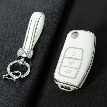 FOE1T1 White-Silver Plating Car Key Cover TPU Car Key Case Cover for Ford Fusion Mondeo Mustang F150 F250 F350 Explorer Edge 2015 2016 2017 2018 2019 Accessories