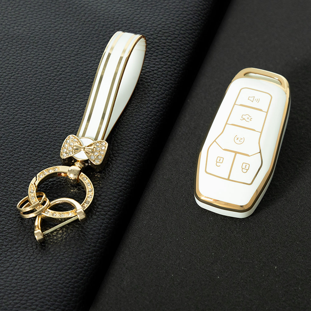 FOC2T1 White-Gold Plating Soft Tpu Car Key Case Fob Cover for Ford Fusion Mondeo Mustang F-150 Explorer Edge 2015 2016 2017 2018 Car Accessories