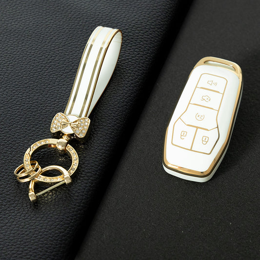 FOC2T1 White-Gold Plating Soft Tpu Car Key Case Fob Cover for Ford Fusion Mondeo Mustang F-150 Explorer Edge 2015 2016 2017 2018 Car Accessories