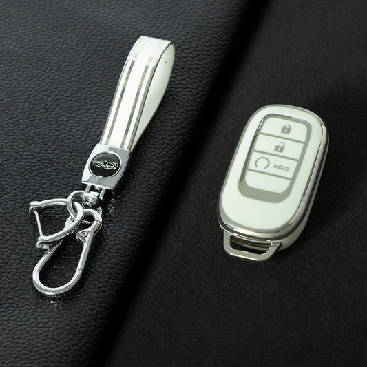 HOB3T1 White-Silver Plating Car Key Cover TPU Remote Key Fob Cover 4-button Car Key Case Protective Accessories Suitable for Honda Accord Civic HR-V CR-V Pilot Odyssey