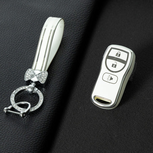 NIJ1T1 White-Silver Plating TPU Car Key Cover for Nissan 350Z Maxima Sentra Armada Titan Kicks Murano