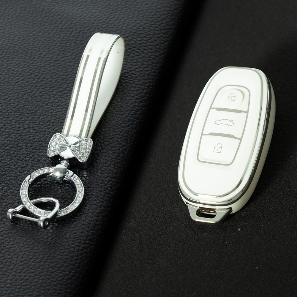 HNC1T1 White-Silver Plating Soft TPU Car Key Case Cover Shell for Hongqi BESTURN B50 B70 E-HS3 H5 H7 Saloon H9 HQ3 HS5 HS7 SHENGSHI Key Rings Keychain Bag