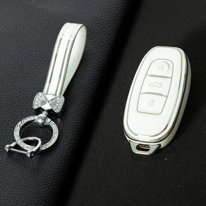 HNC1T1 White-Silver Plating Soft TPU Car Key Case Cover Shell for Hongqi BESTURN B50 B70 E-HS3 H5 H7 Saloon H9 HQ3 HS5 HS7 SHENGSHI Key Rings Keychain Bag