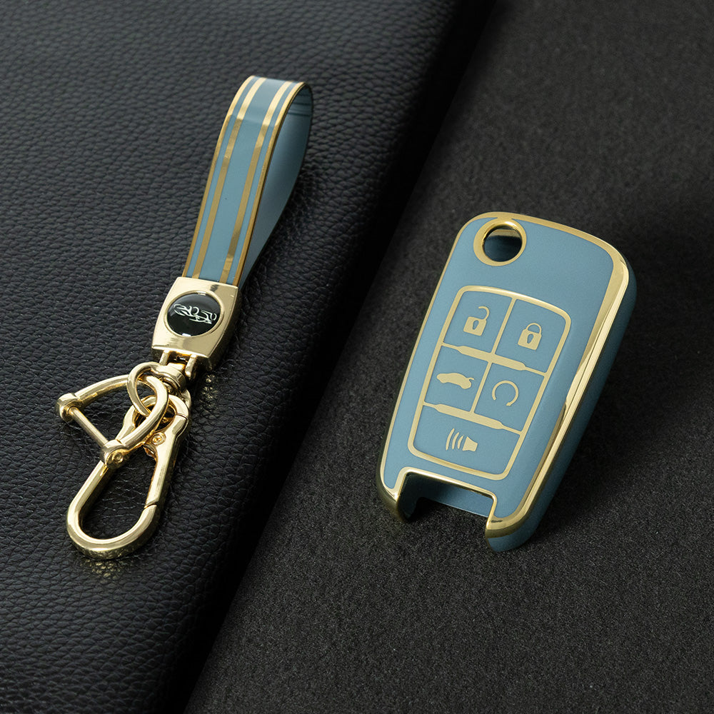 CED5T1 Granny Grey-Gold Plating 5-Button TPU Key Cover for Chevrolet Cruze Camaro Buick Regal Excelle, Protective Key Case