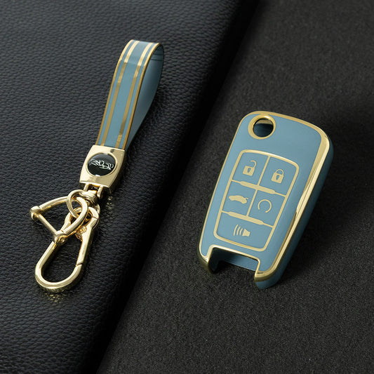 CED5T1 Granny Grey-Gold Plating 5-Button TPU Key Cover for Chevrolet Cruze Camaro Buick Regal Excelle, Protective Key Case