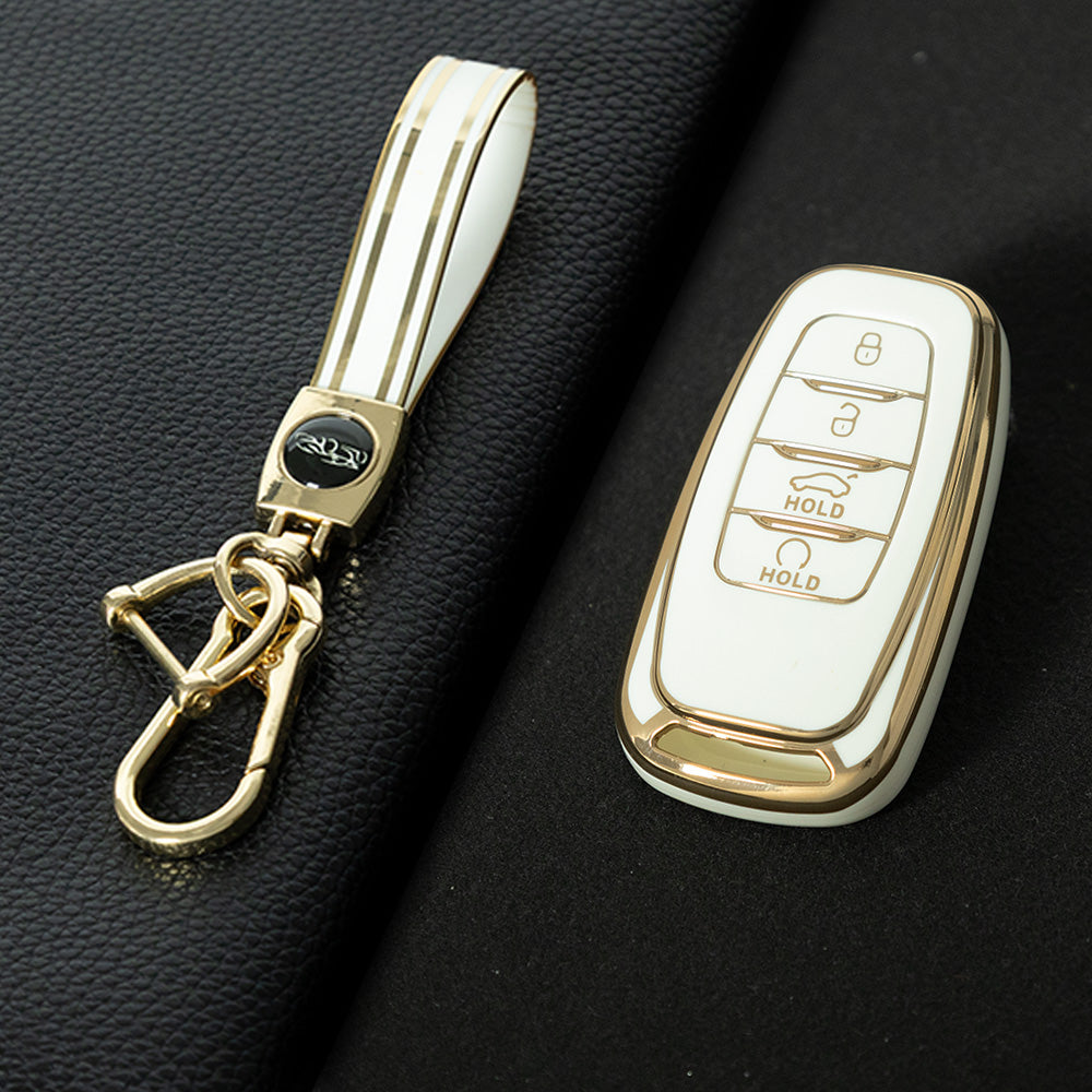 HNB1T1 White-Gold Plating Soft TPU Car Key Case Cover Shell for Hongqi BESTURN B50 B70 E-HS3 H5 H7 Saloon H9 HQ3 HS5 HS7 SHENGSHI Key Rings Keychain Bag