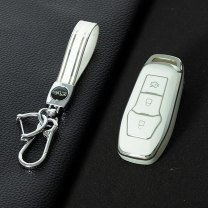 FOU3T1 White-Silver Plating Soft Shell Fob Holder TPU Car Key Cover Case for Ford Fusion Mondeo Mustang F-150 Explorer Edge 2015 2016