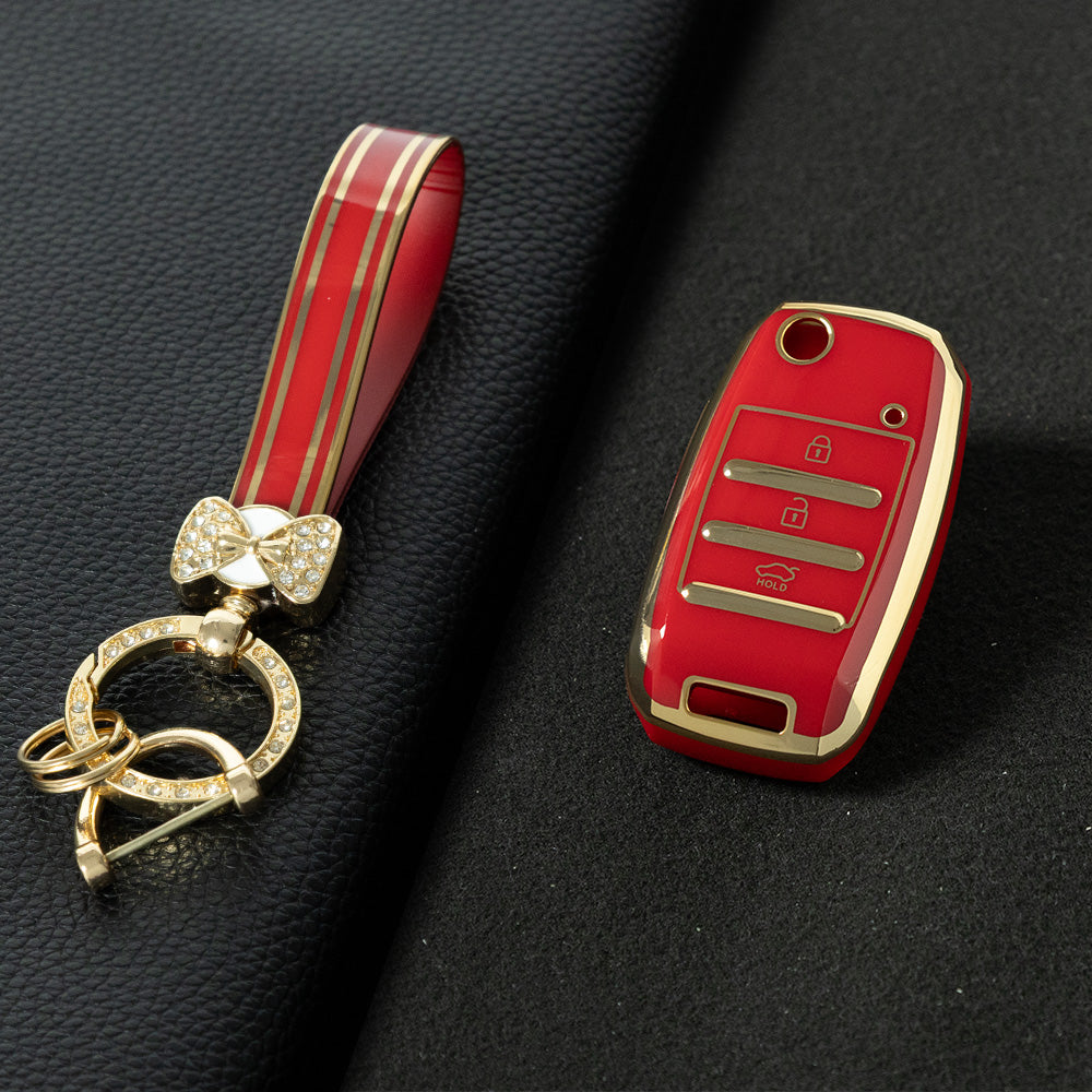 KIE1T1 Red-Gold Plating Car Key Cover Fashionable Soft TPU Key Fob Cover for Kia Rio K3 2014-2016 Model-Year Protective Car Key Accessory