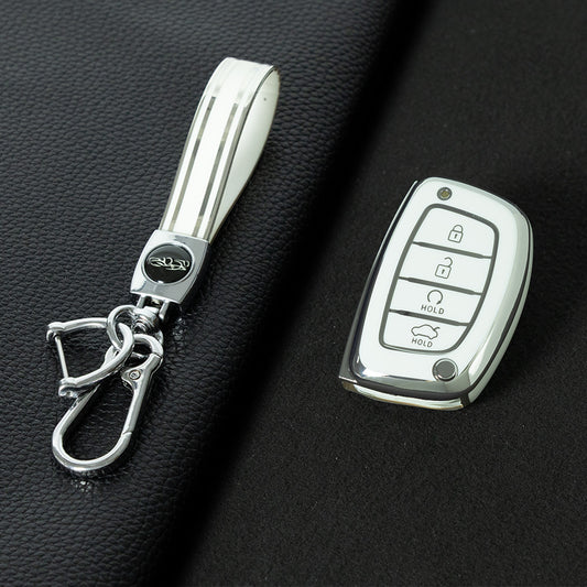 HYD4T1 White-Silver Plating TPU Car Key Case Cover for Hyundai Ix25 Ix35 I10 I20 Solaris Tucson Sonata Santa Fe Sport Elantra Creta Verna