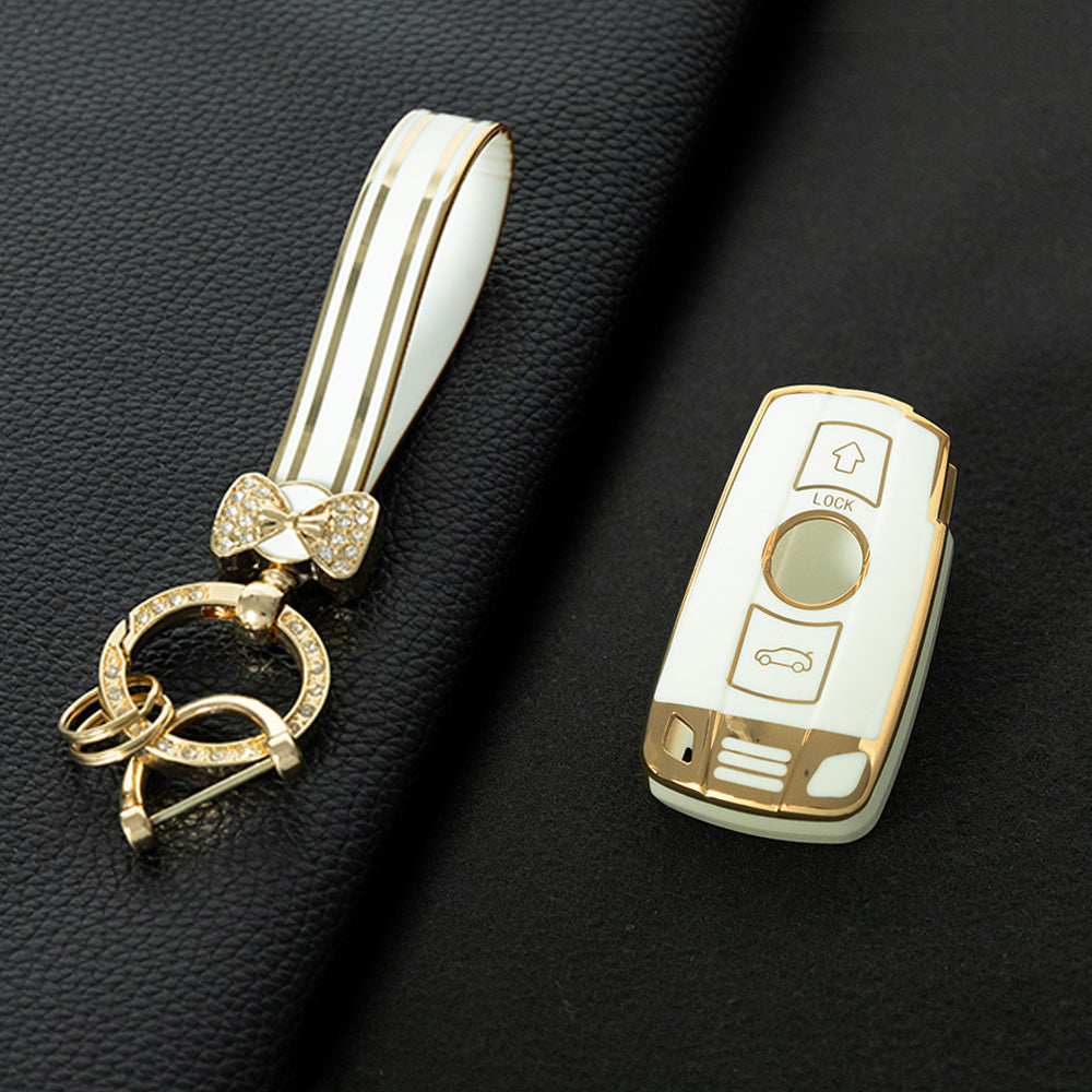 BMD1T1 White-Gold Plating Car Key Cover TPU Car Key Case Cover Shell Fob for BMW E60 E61 E70 E81 E87 E90 E91 E92 X1 X5 X3 1 3 5 6 Series Z4 Key Protection Accessories