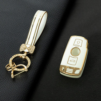 BMD1T1 White-Gold Plating Car Key Cover TPU Car Key Case Cover Shell Fob for BMW E60 E61 E70 E81 E87 E90 E91 E92 X1 X5 X3 1 3 5 6 Series Z4 Key Protection Accessories