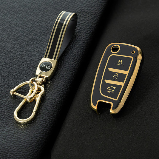 HYB1T1 Black-Gold Plating TPU Car Folding Key Case Cover Holder for Hyundai Azera Elantra Solaris Tucson I30 I35 I40 KONA Genesis Santa Fe Shell Fob