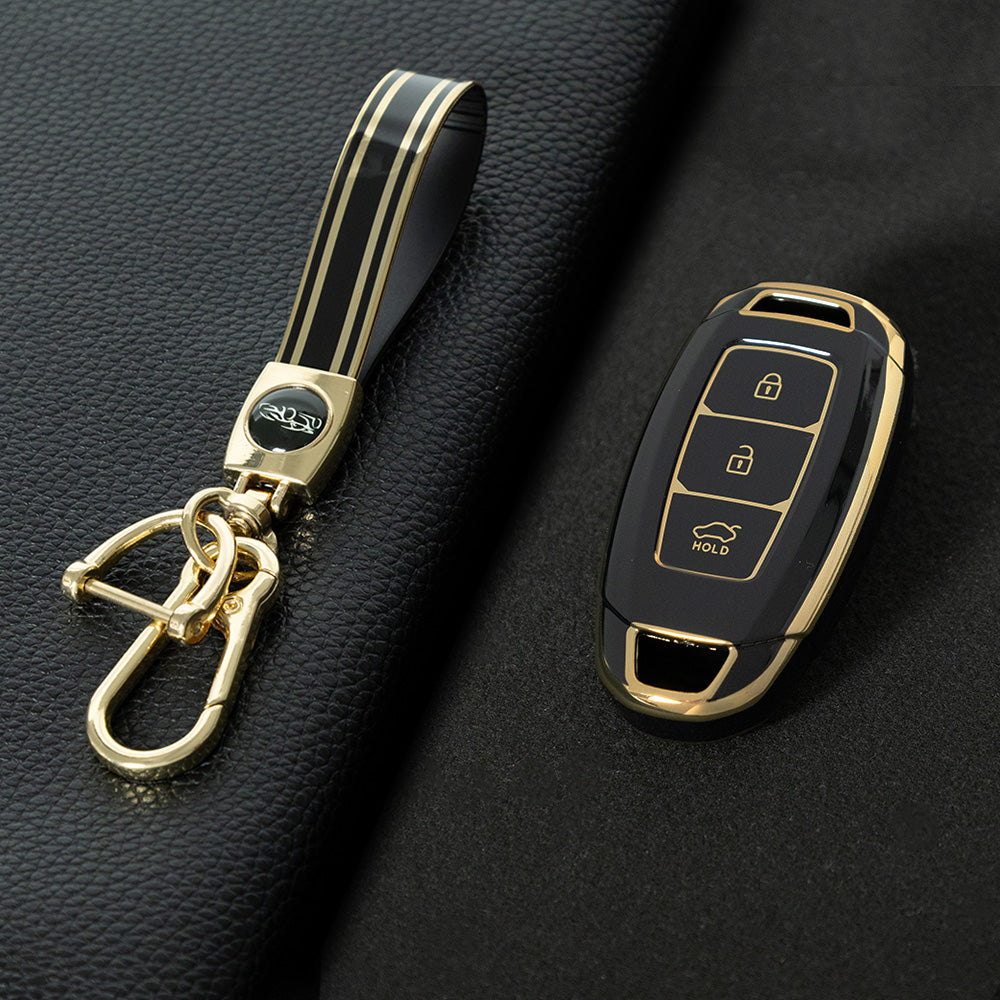 HYA1T1 Black-Gold Plating Car Key Cover 3 Buottons TPU Car Key Case Cover Shell Fob Holder for Hyundai Palisade Limited Palisade Elantra Sel Elantra Santa Fe Veloster
