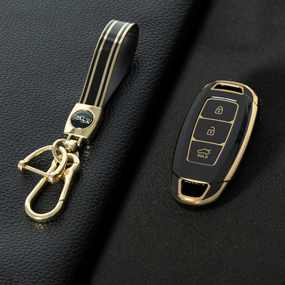 HYA1T1 Black-Gold Plating Car Key Cover 3 Buottons TPU Car Key Case Cover Shell Fob Holder for Hyundai Palisade Limited Palisade Elantra Sel Elantra Santa Fe Veloster