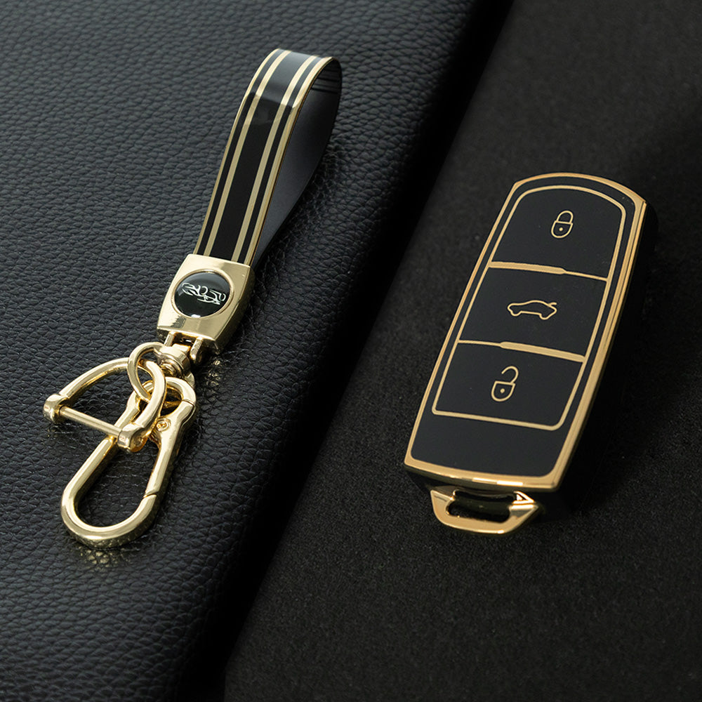 VOH1T1 Black-Gold Plating TPU Flip Remote Car Keychain Cover for VW VolksWagen B6 B7 3C Magotan Passat CC 3-Button Design