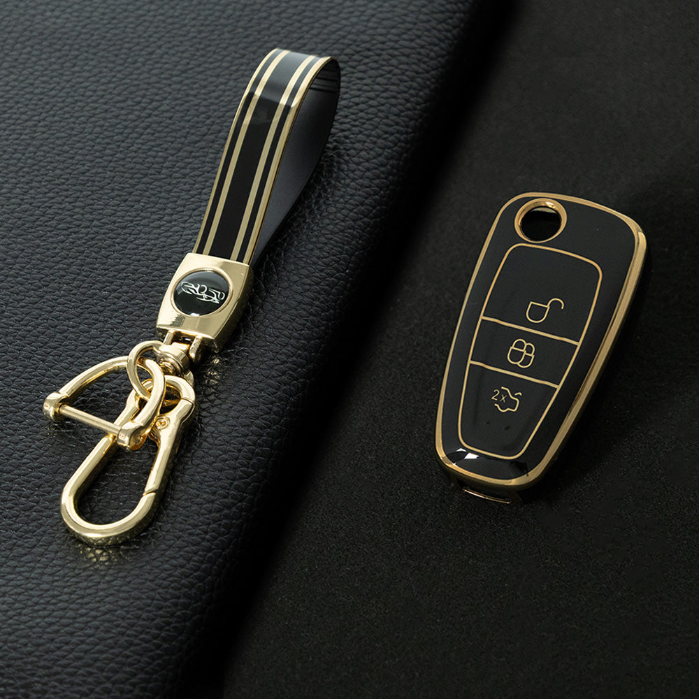 FOD1T1 Black-Gold Plating Car Key Cover TPU Car Folding Key Case Cover Bag Keychain for Ford Focus C-Max S-Max Galaxy Mondeo Ranger Transit Tourneo Custom