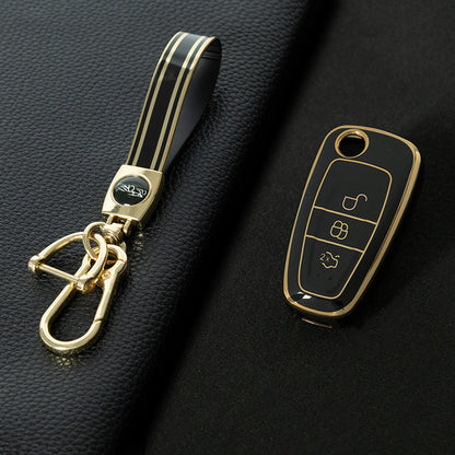 FOD1T1 Black-Gold Plating Car Key Cover TPU Car Folding Key Case Cover Bag Keychain for Ford Focus C-Max S-Max Galaxy Mondeo Ranger Transit Tourneo Custom