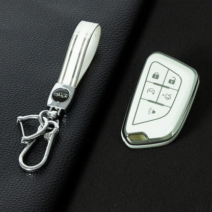 CAB1T1 White-Silver Plating TPU Premium Soft Car Key Case Cover Shell for Cadillac XT5 XT4 XT6 CT5 CT6 CT4 XTS ATSL SRX Key Ring Keychain Bag Accessory