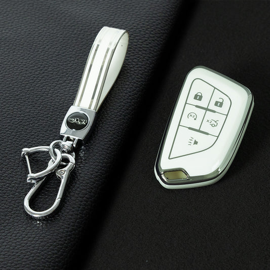 CAB1T1 White-Silver Plating TPU Premium Soft Car Key Case Cover Shell for Cadillac XT5 XT4 XT6 CT5 CT6 CT4 XTS ATSL SRX Key Ring Keychain Bag Accessory