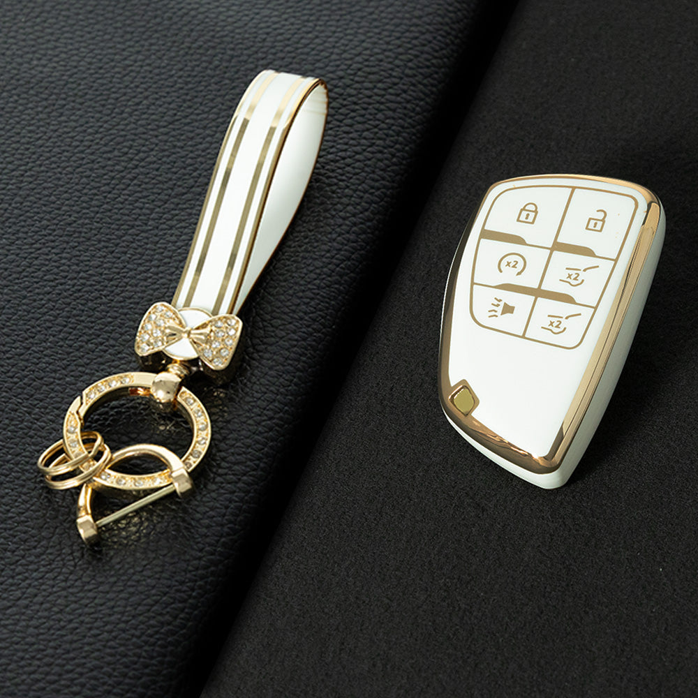 CEV4T1 White-Gold Plating 6-button Car Remote Key Case TPU Soft Key Fob Cover Smart Key Shell Holder Compatible with GMC Chevy Buick