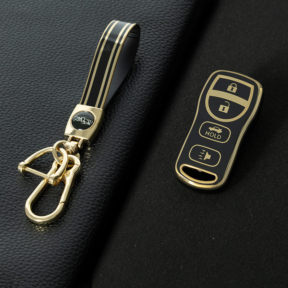 NIJ2T1 Black-Gold Plating TPU Car Key Cover for Nissan 350Z Maxima Sentra Armada Titan Kicks Murano