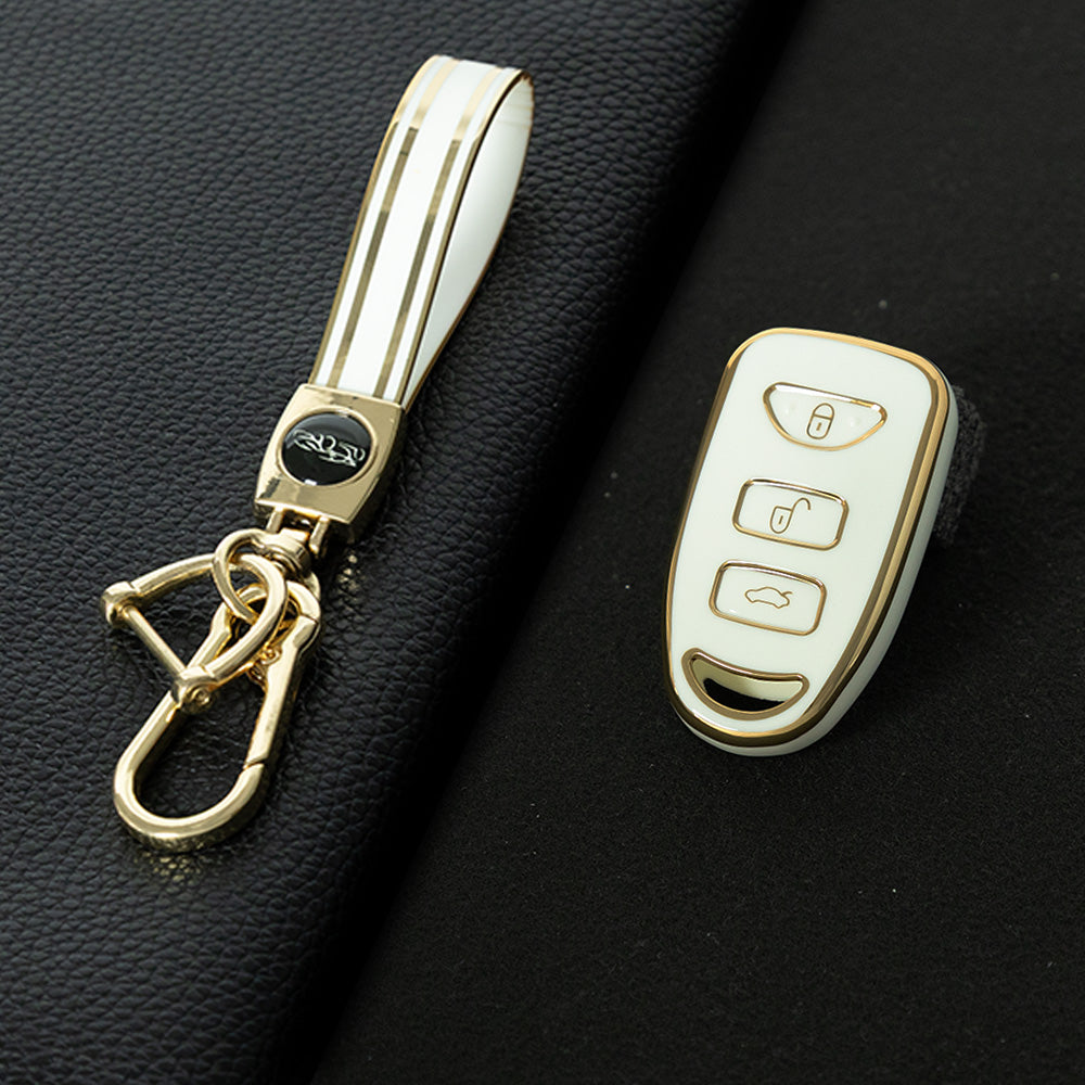 HYJ2T1 White-Gold Plating New TPU Car Key Case Cover Shell for Hyundai Kia Tucson Sonata Santa FE Carens