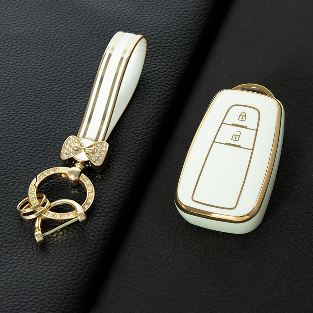 TOB2T1 White-Gold Plating Car Key Cover Premium Soft TPU Car Key Case Cover Shell for Toyota LEVIN COROLLA RAV4 IZOA AVALON CHR Plarad Camry Key Rings Keychain Bag