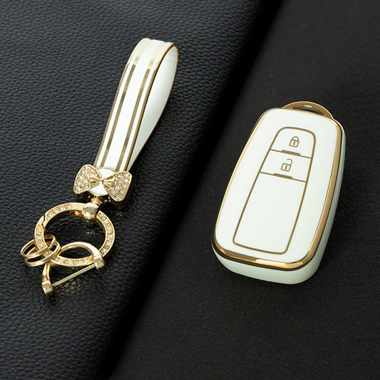 TOB2T1 White-Gold Plating Car Key Cover Premium Soft TPU Car Key Case Cover Shell for Toyota LEVIN COROLLA RAV4 IZOA AVALON CHR Plarad Camry Key Rings Keychain Bag