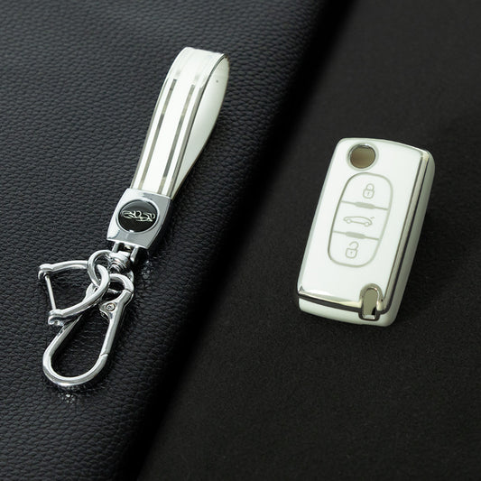 PUE1T1 White-Silver Plating Car Key Cover TPU Premium Soft Car Key Case Cover Shell for Peugeot 307 Citroen 308 Versailles 207 C5X Sega Key Rings Keychain Bag Accessory