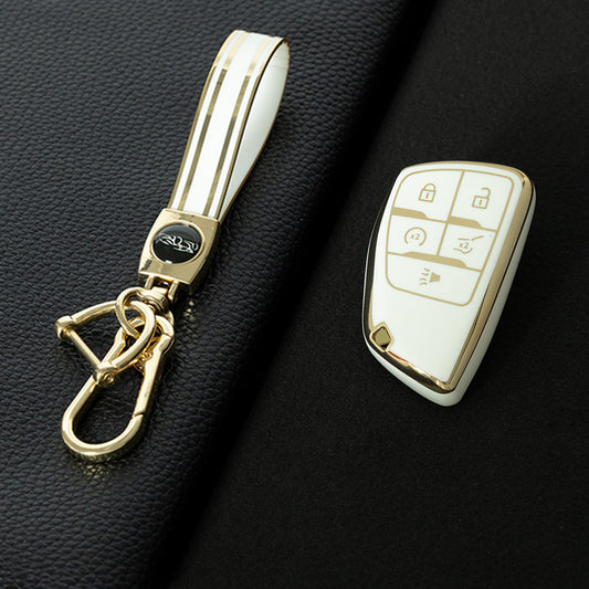 CEV3T1 White-Gold Plating Car Key Cover Tpu Car Key Case Fob Cover Shell for Chevrolet Tahoe Suburban for GMC Yukon for Buick ENVISION S Plus Avenir 2020 2021 2022 2023