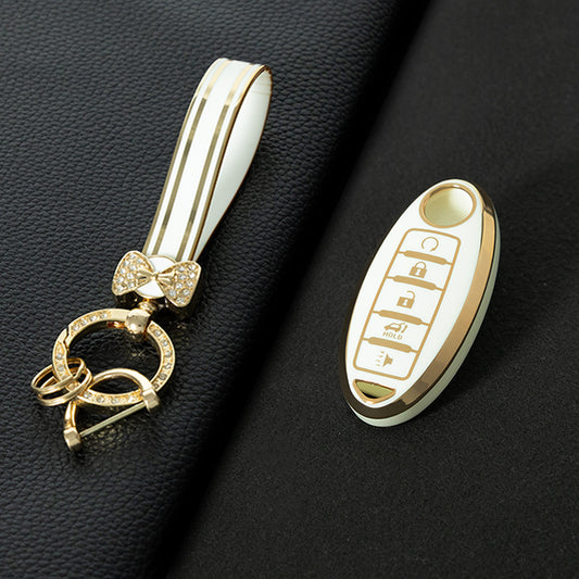 NIB6T1 White-Gold Plating Car Key Cover Silver Edge TPU Car Key Cover Keychain Fob Case Accessories for Nissan Note Qashqai Pathfinder Rogue Versa Infiniti Q50 Kia