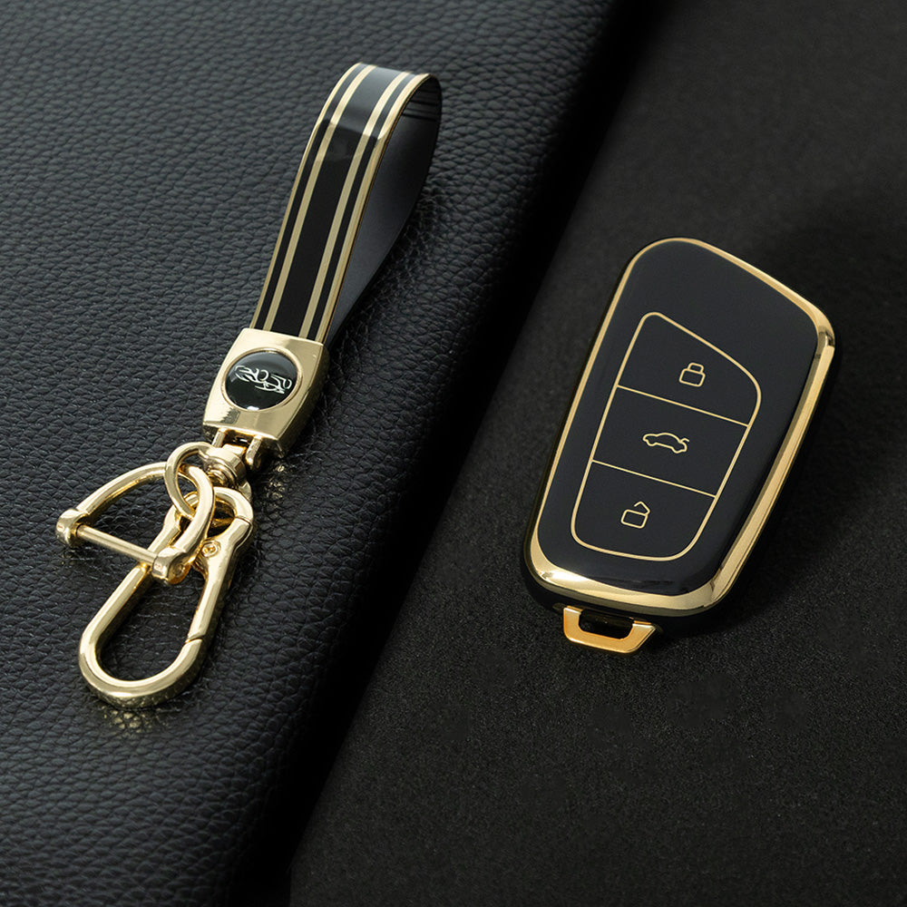 CRB1T1 Black-Gold Plating Car Key Cover Premium Soft TPU Car Key Case Cover Shell for Chery Arrizo Mart Ant New Energy ICar Ecology QQ Ice Cream Key Rings Keychain Bag