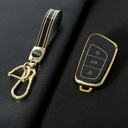 CRB1T1 Black-Gold Plating Car Key Cover Premium Soft TPU Car Key Case Cover Shell for Chery Arrizo Mart Ant New Energy ICar Ecology QQ Ice Cream Key Rings Keychain Bag
