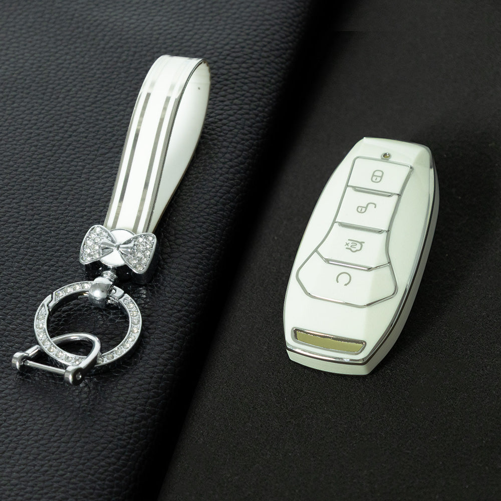 BYA1T1 White-Silver Plating Car Key Cover TPU premium soft car key cover for BYD Song Plus, Qin DMI, Han EV Yuan Pro, Tang ATTO, with 3 key rings and key chain pouch accessories.