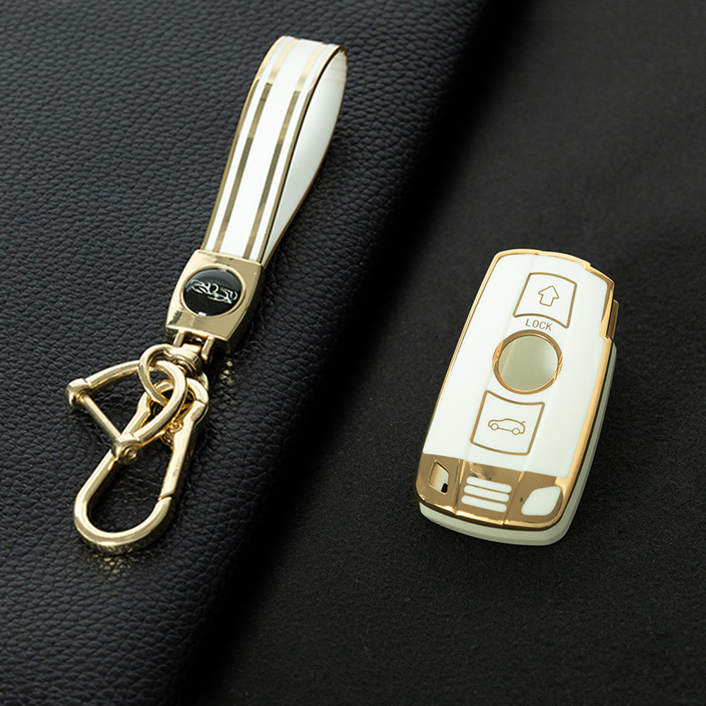 BMD1T1 White-Gold Plating Car Key Cover TPU Car Key Case Cover Shell Fob for BMW E60 E61 E70 E81 E87 E90 E91 E92 X1 X5 X3 1 3 5 6 Series Z4 Key Protection Accessories