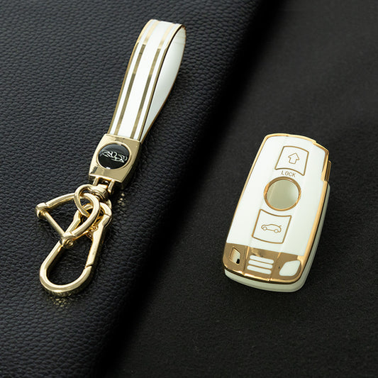 BMD1T1 White-Gold Plating Car Key Cover TPU Car Key Case Cover Shell Fob for BMW E60 E61 E70 E81 E87 E90 E91 E92 X1 X5 X3 1 3 5 6 Series Z4 Key Protection Accessories
