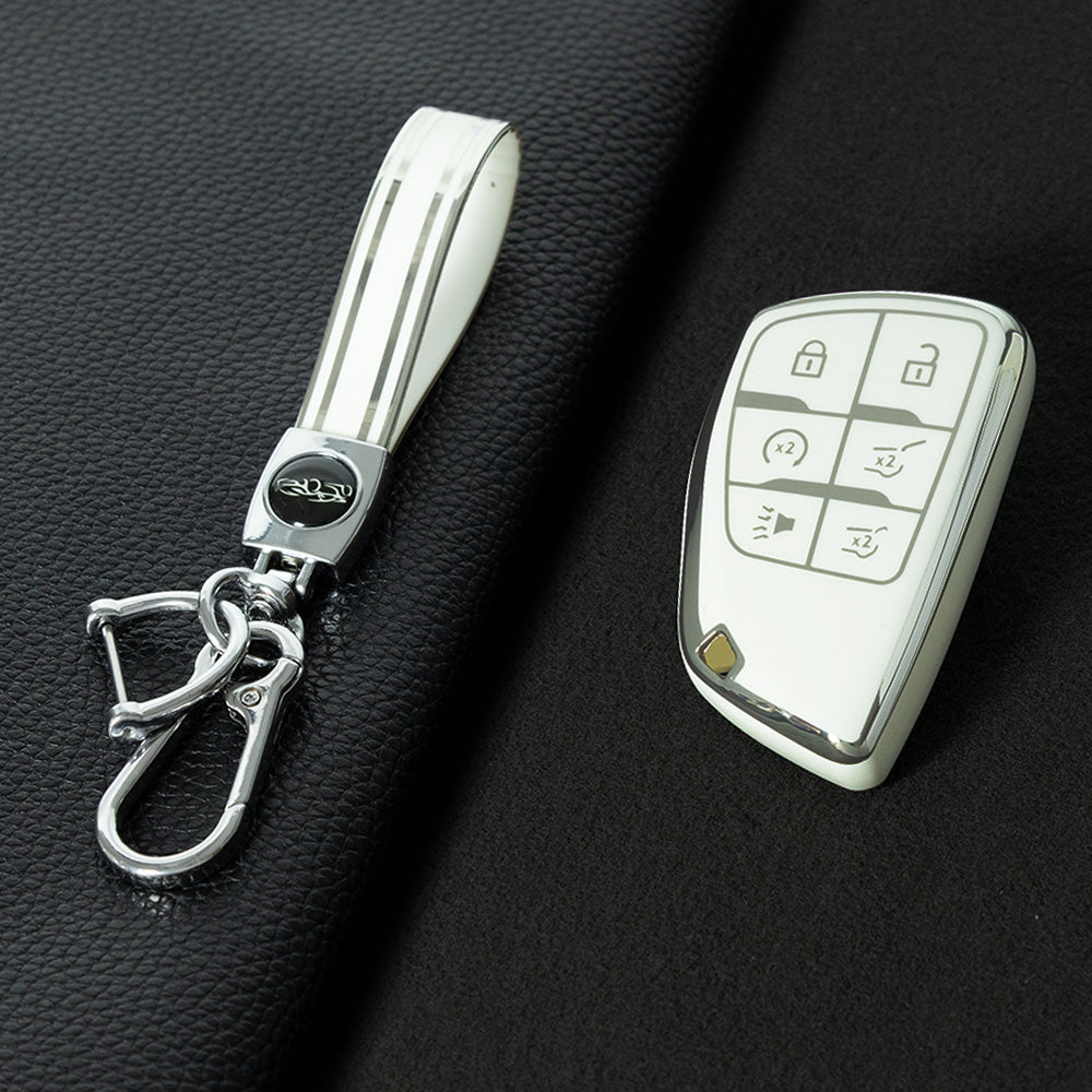 CEV4T1 White-Silver Plating 6-button Car Remote Key Case TPU Soft Key Fob Cover Smart Key Shell Holder Compatible with GMC Chevy Buick