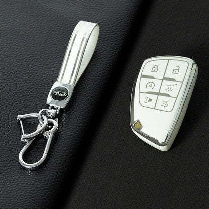 CEV4T1 White-Silver Plating 6-button Car Remote Key Case TPU Soft Key Fob Cover Smart Key Shell Holder Compatible with GMC Chevy Buick