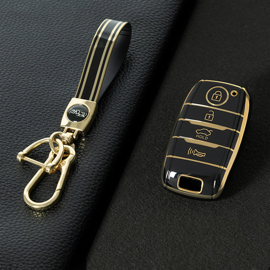 KIC1T1 Black-Gold Plating 4 Buttons TPU Car Key Cover Case Shell Fob Holder for Kia Rio Rio5 Sportage R K3 KX3 K4 K5 Ceed Sorento Cerato Optima Protector