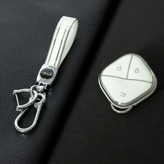 WUG2T1 White-Silver Plating Car Key Cover Soft TPU Car Key Case Cover Shell Sleeve for SGMW WULING Airev Baojun KiWiEV Bingguo SUNSHINE MINI EV Key Rings Keychain Bag