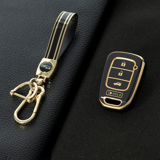 HOM3T1 Black-Gold Plating Car Key Cover For Honda Smart Car Key Fob Cover Holder for Accord Civic Passport Pilot Odyssey Ridline HRV CRV-Key Accessories